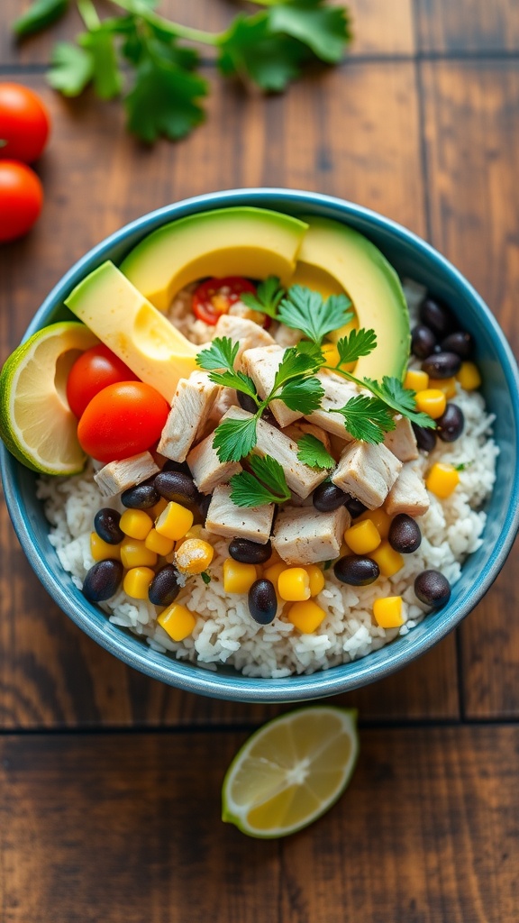 A colorful tuna and rice burrito bowl with avocado, tomatoes, and cilantro on a rustic table.